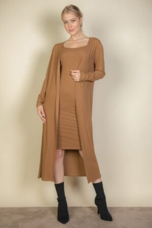 Ribbed Cardigan Bodycon Dress Set Ribbed Cardigan & Cami Midi Bodycon Dress