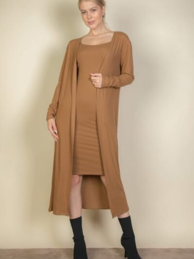 Ribbed Cardigan Bodycon Dress Set Ribbed Cardigan & Cami Midi Bodycon Dress