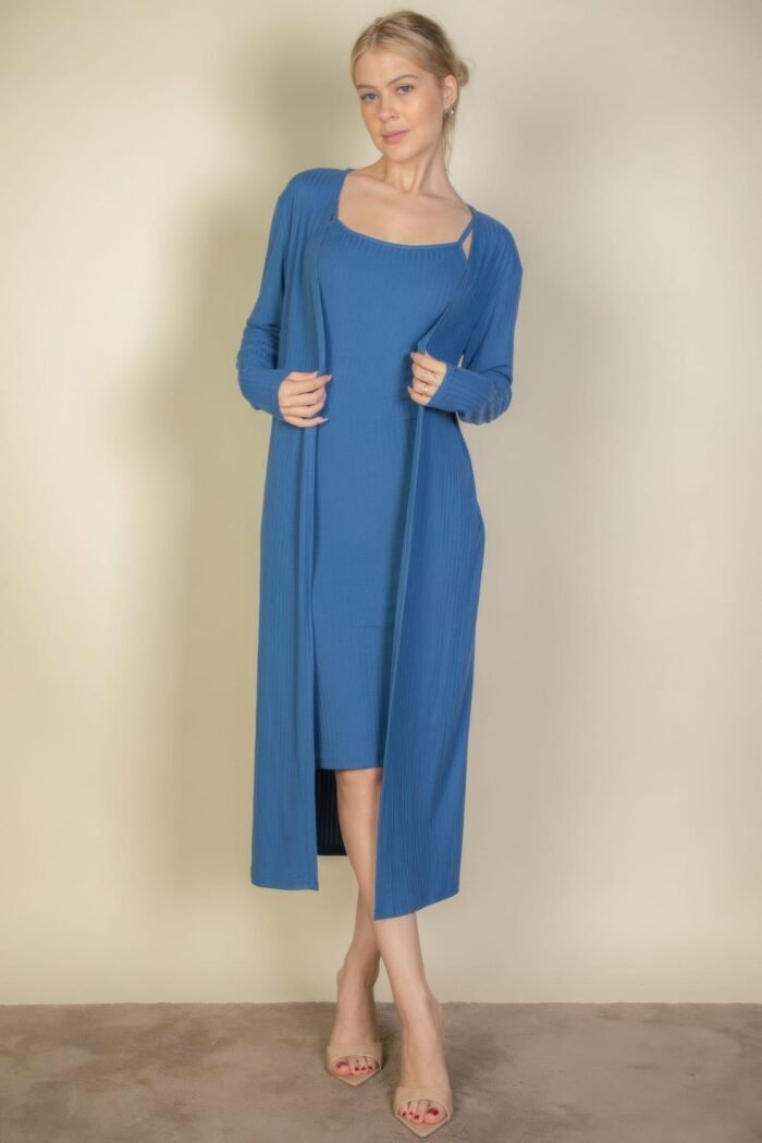 Ribbed cardigan & cami midi bodycon dress
