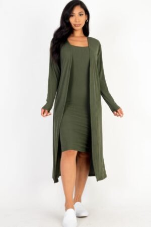 Ribbed Cardigan Bodycon Dress Set Ribbed Cardigan & Cami Midi Bodycon Dress