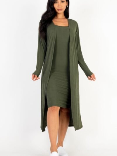 Ribbed Cardigan Bodycon Dress Set Ribbed Cardigan & Cami Midi Bodycon Dress