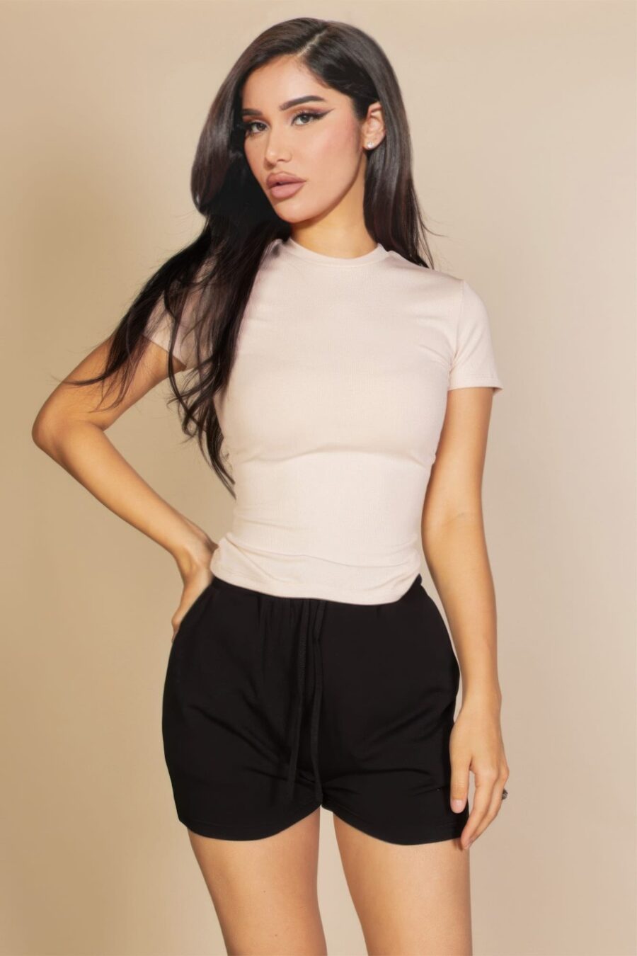 Ribbed round neck short sleeve top