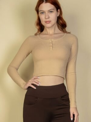 Ribbed Button Up Long Sleeve Crop Top