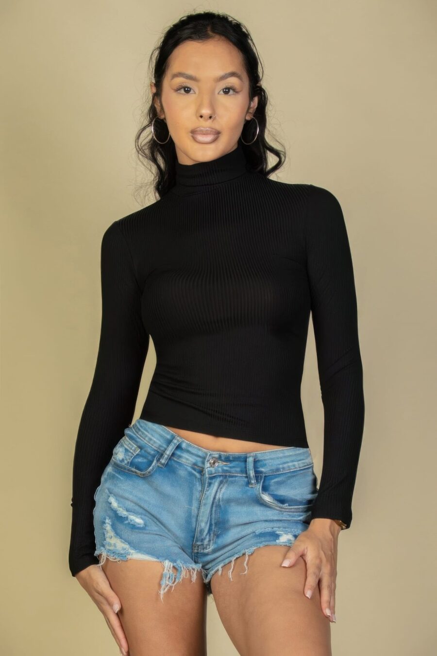 Ribbed turtleneck long sleeve top