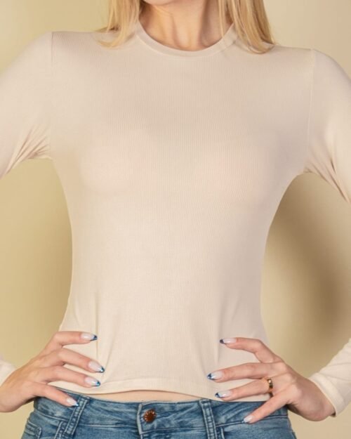 ribbed round neck long sleeve top
