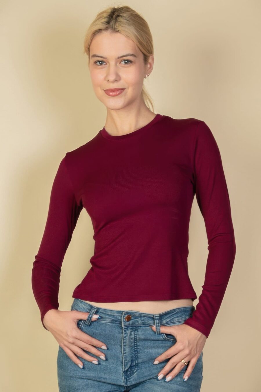 Ribbed round neck long sleeve top