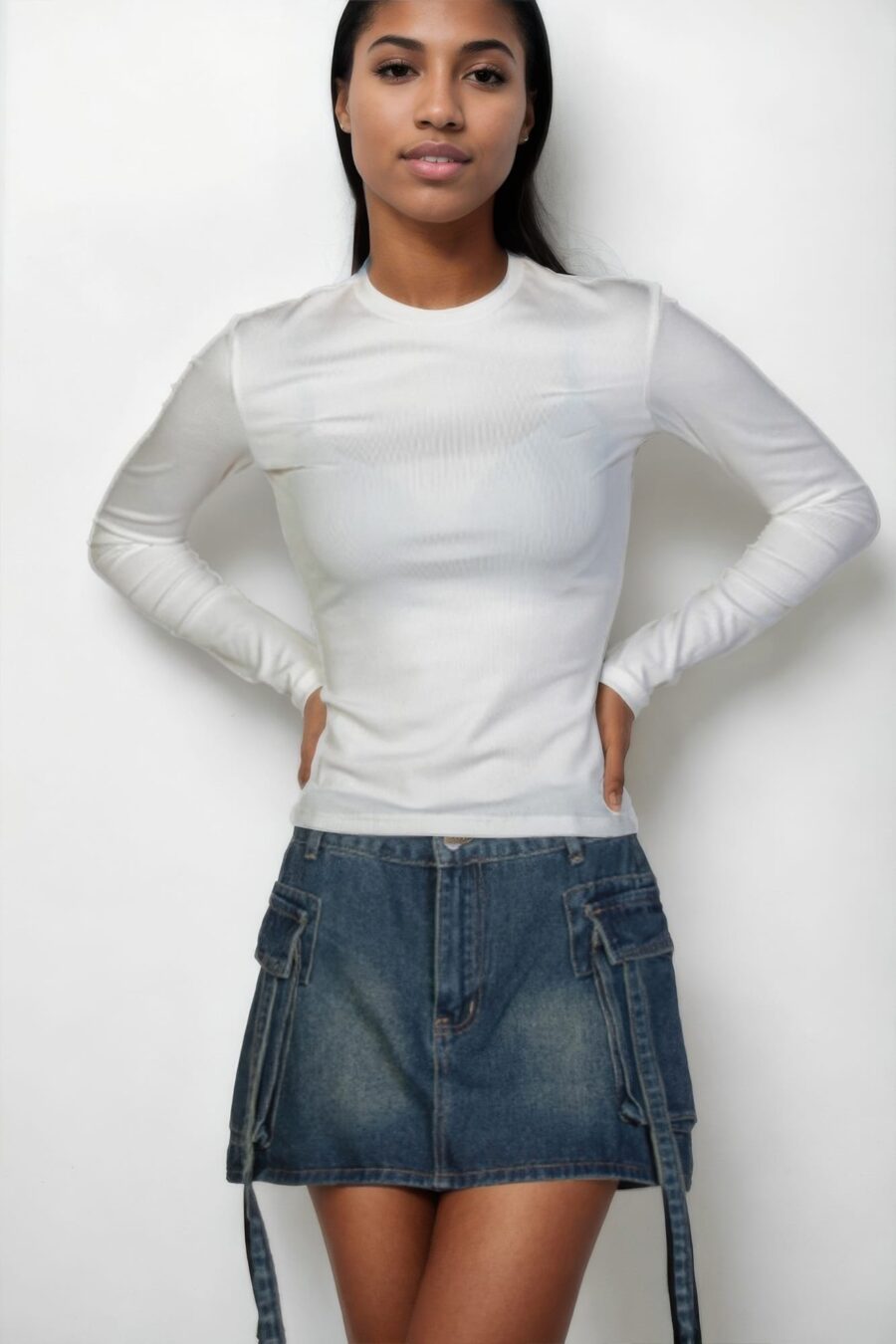 Ribbed round neck long sleeve top