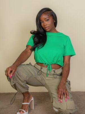 Tie Front Drawstring Short Sleeve Crop Top