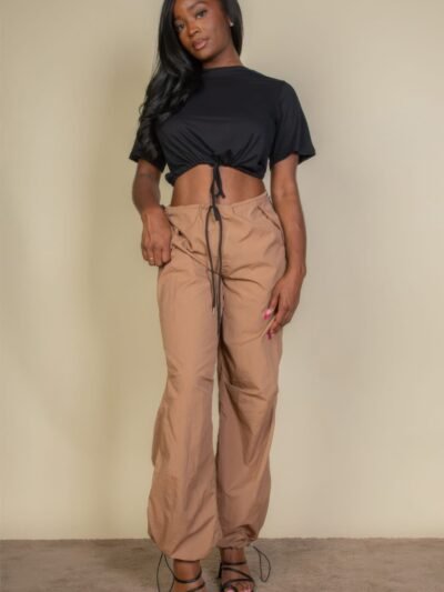 Tie Front Drawstring Short Sleeve Crop Top Tie Front Drawstring Short Sleeve Crop Top