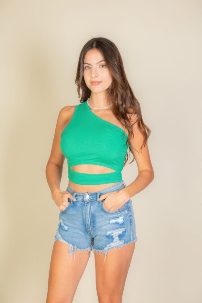 Ribbed knit cut out one shoulder crop top