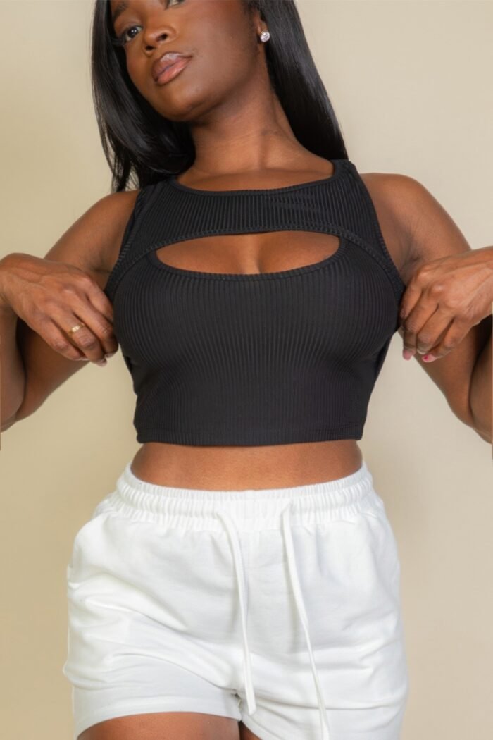 Close-up of high-stretch ribbed crop top fabric