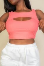Front view of trendy crop top with cut out design – coral color