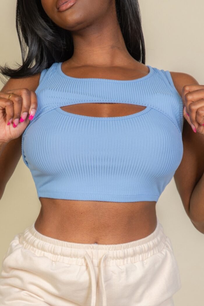 Close-up of high-stretch ribbed crop top fabric