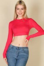 Crew Neck Long Sleeve Cropped Top Black