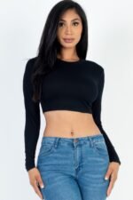 Crew Neck Long Sleeve Cropped Top Black