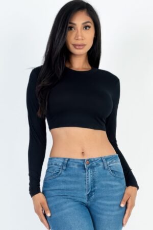 Crew Neck Long Sleeve Cropped Top Black