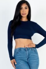Lightweight Cropped Top with Crew Neck Navy Blue