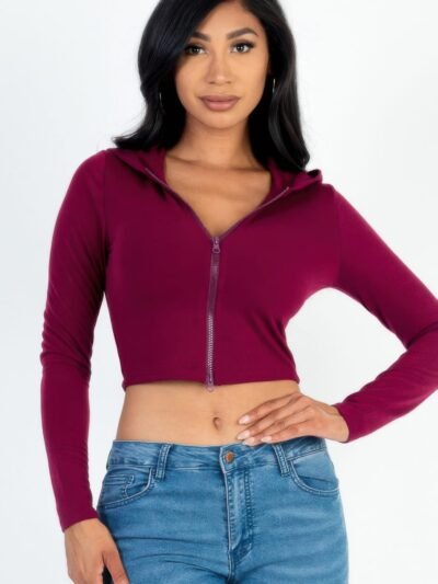 French Terry Crop Zip Up Hoodie