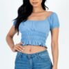 Casual Ruched Puff Sleeve Ribbed Knit Solid Top
