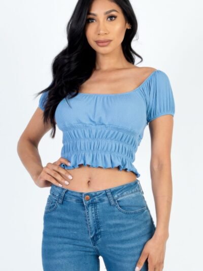 Casual Ruched Puff Sleeve Ribbed Knit Solid Top
