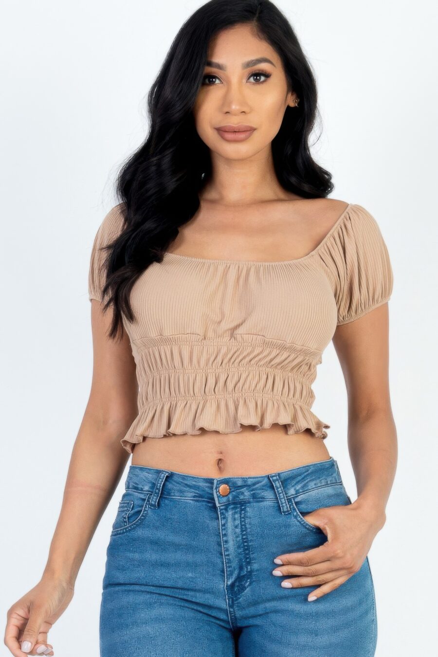 Casual ruched puff sleeve ribbed knit solid top