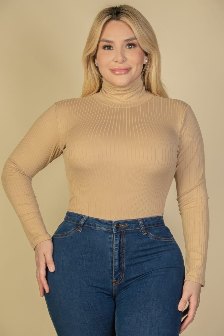 Plus Ribbed Turtle Neck Long Sleeve Bodysuit, Available in an array of rich colors. stylish, trendy and cozy, offering a sophisticated yet casual look.