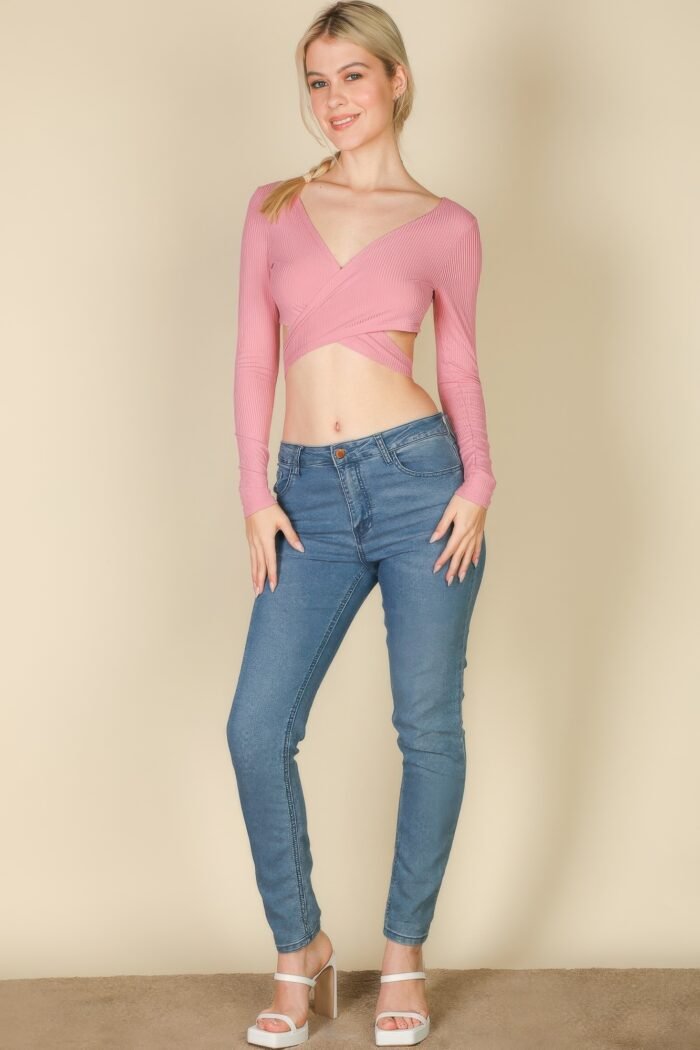 Cross wrap tie front rib knit crop top