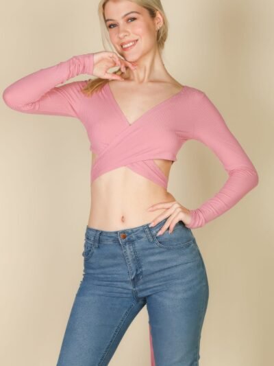 Cross Wrap Tie Front Rib Knit Crop Top Cross Wrap Tie Front Rib Knit Crop Top
