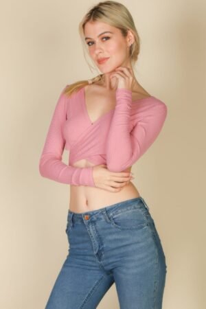 Cross Wrap Tie Front Rib Knit Crop Top Cross Wrap Tie Front Rib Knit Crop Top