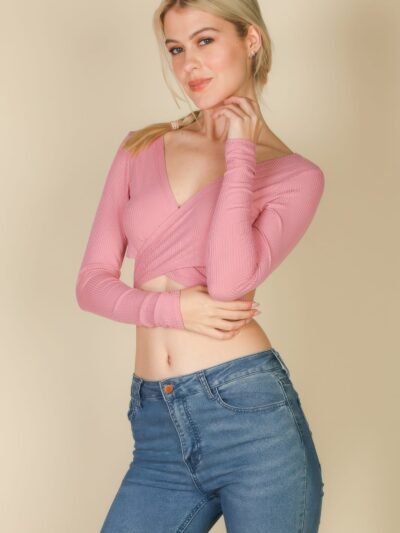 Cross Wrap Tie Front Rib Knit Crop Top Cross Wrap Tie Front Rib Knit Crop Top