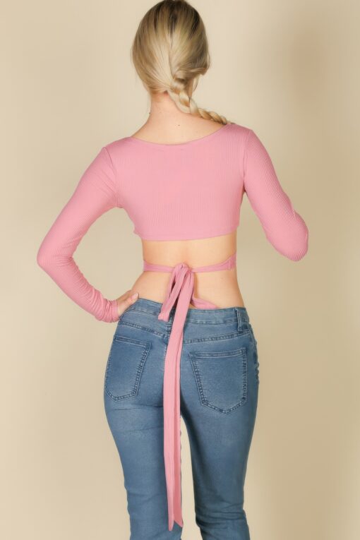 Cross Wrap Tie Front Rib Knit Crop Top - Image 5
