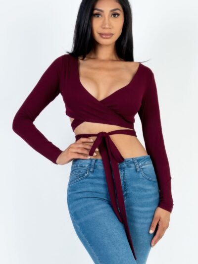 Cross Wrap Tie Front Rib Knit Crop Top Cross Wrap Tie Front Rib Knit Crop Top