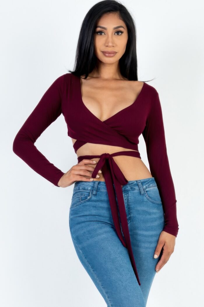 Cross wrap tie front rib knit crop top