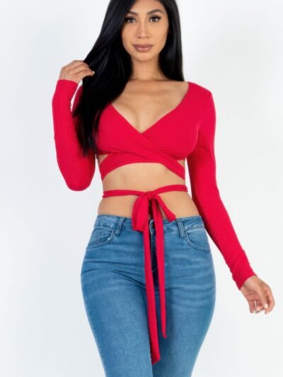 Cross Wrap Tie Front Rib Knit Crop Top Cross Wrap Tie Front Rib Knit Crop Top