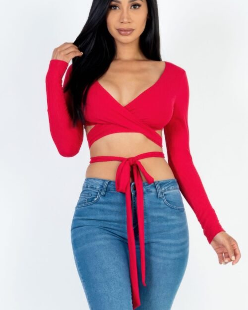 cross wrap tie front rib knit crop top