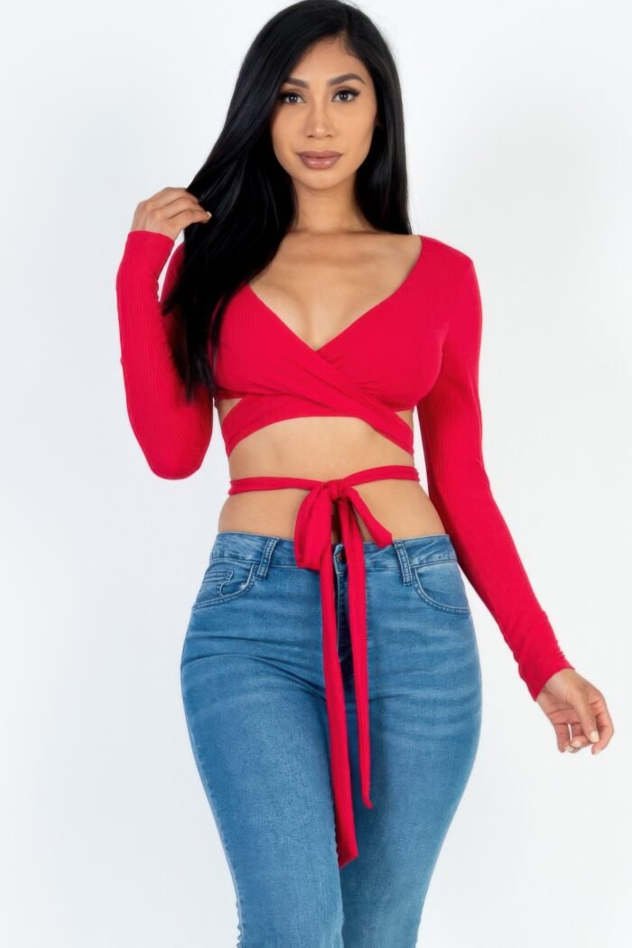 Cross wrap tie front rib knit crop top
