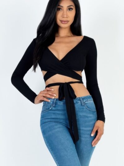 Cross Wrap Tie Front Rib Knit Crop Top Cross Wrap Tie Front Rib Knit Crop Top