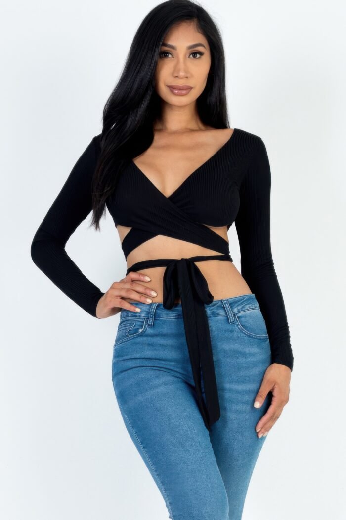 Cross wrap tie front rib knit crop top
