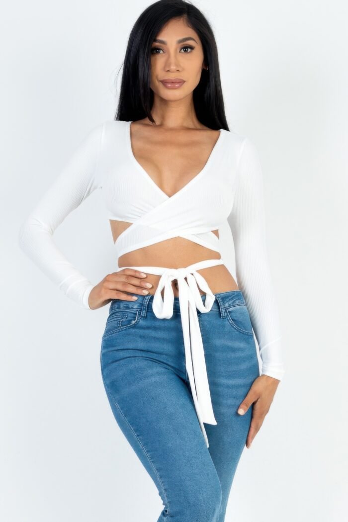 Cross wrap tie front rib knit crop top