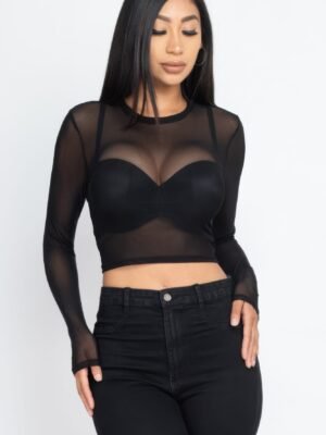 Sexy Sheer Mesh Long Sleeve Crop Top