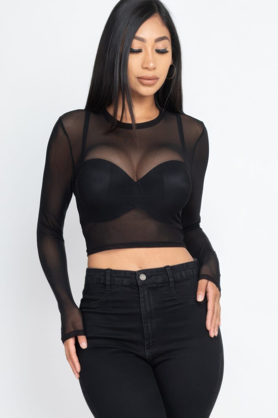 Sexy sheer mesh long sleeve crop top