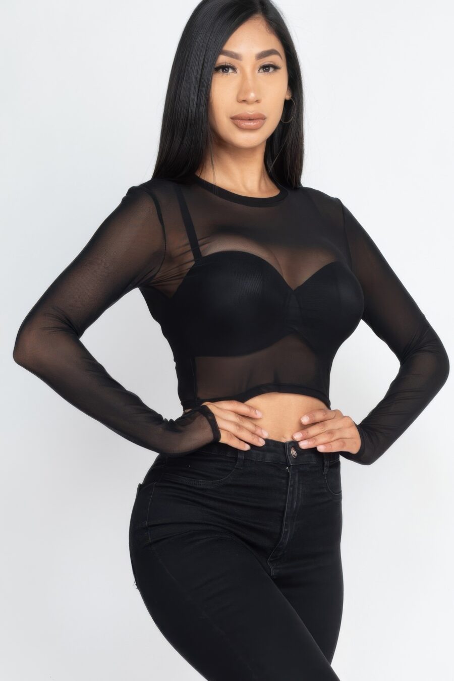 Sexy sheer mesh long sleeve crop top