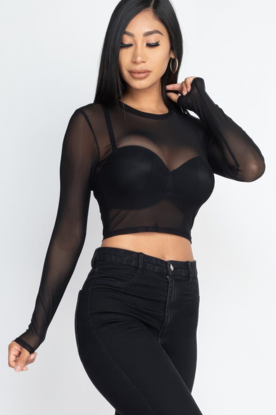 Sexy sheer mesh long sleeve crop top