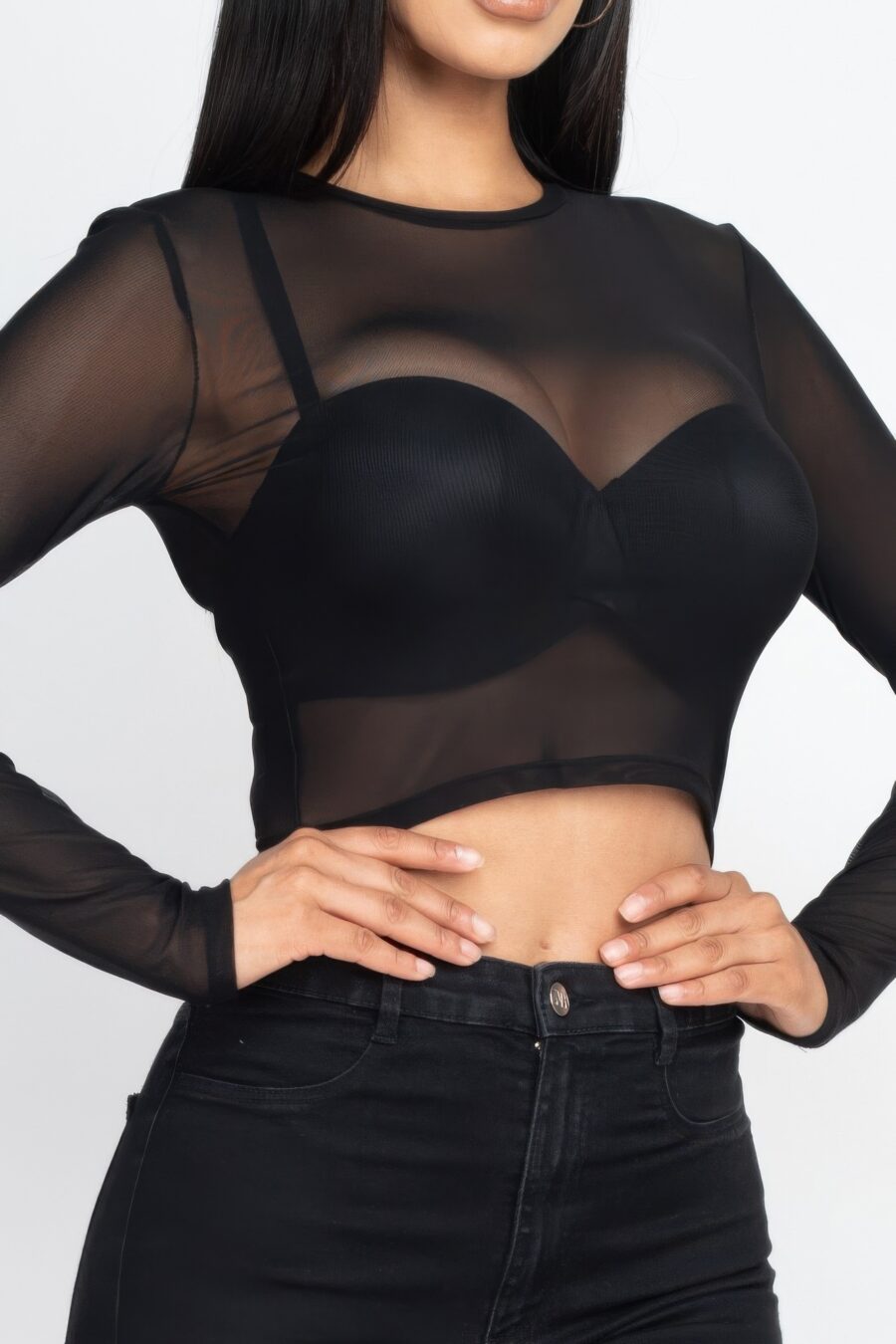 Sexy sheer mesh long sleeve crop top