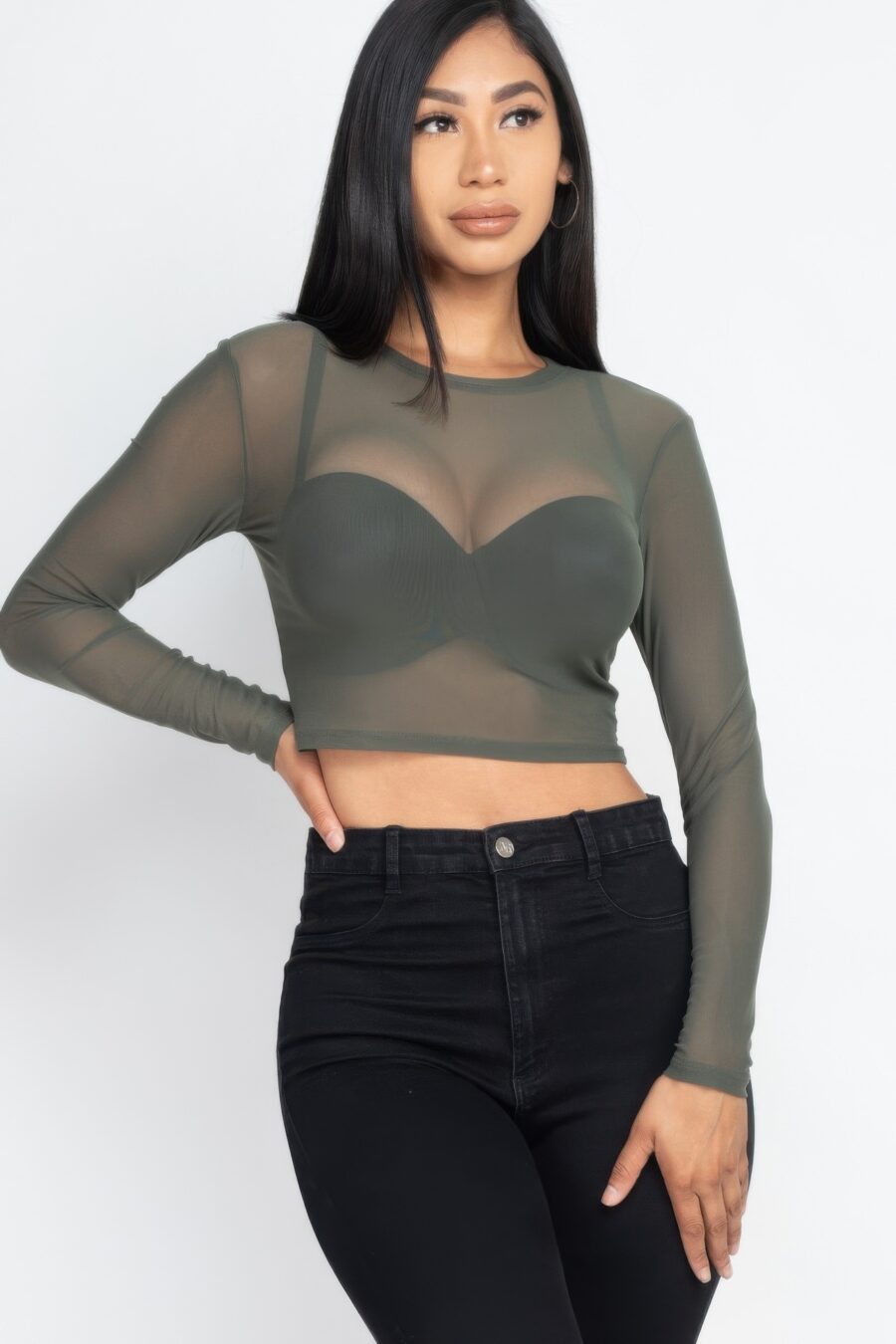 Sexy sheer mesh long sleeve crop top