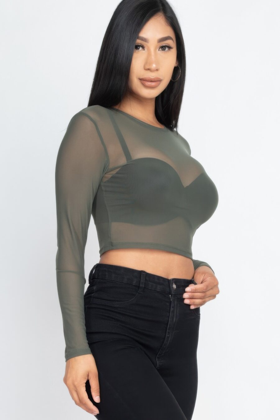 Sexy sheer mesh long sleeve crop top