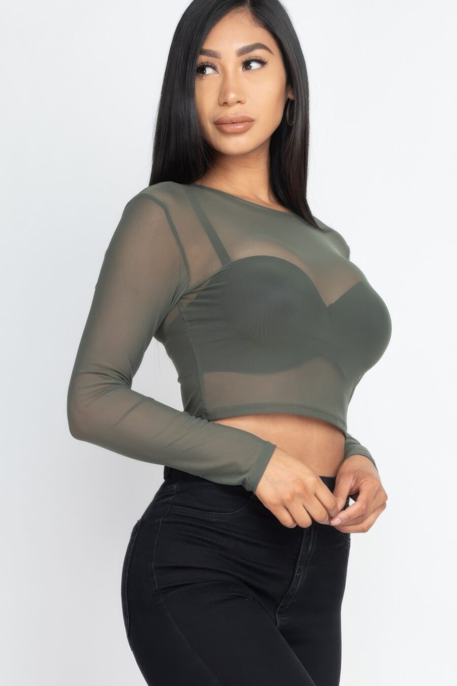 Sexy sheer mesh long sleeve crop top