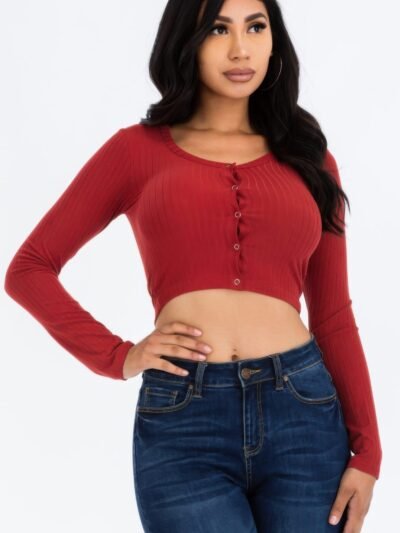 Ribbed Long Sleeve Snap Button Down Crop Top