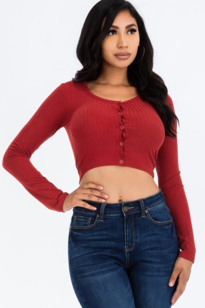 Ribbed long sleeve snap button down crop top