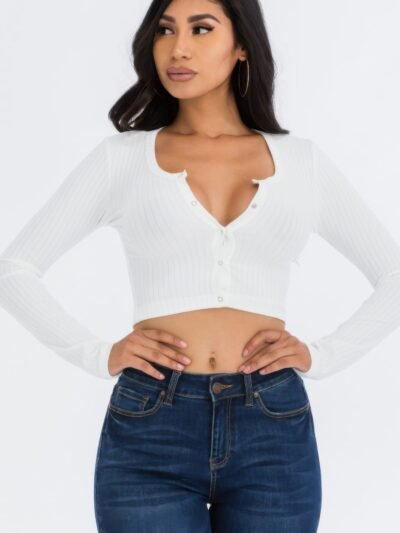Ribbed Long Sleeve Snap Button Down Crop Top